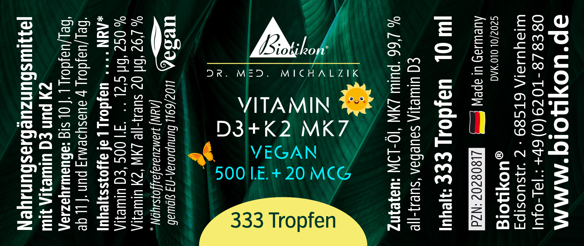 Vitamin D3 + K2 MK7 500 I.E. + 20 MCG Tropfen vegan (10 ml, Kinder)
