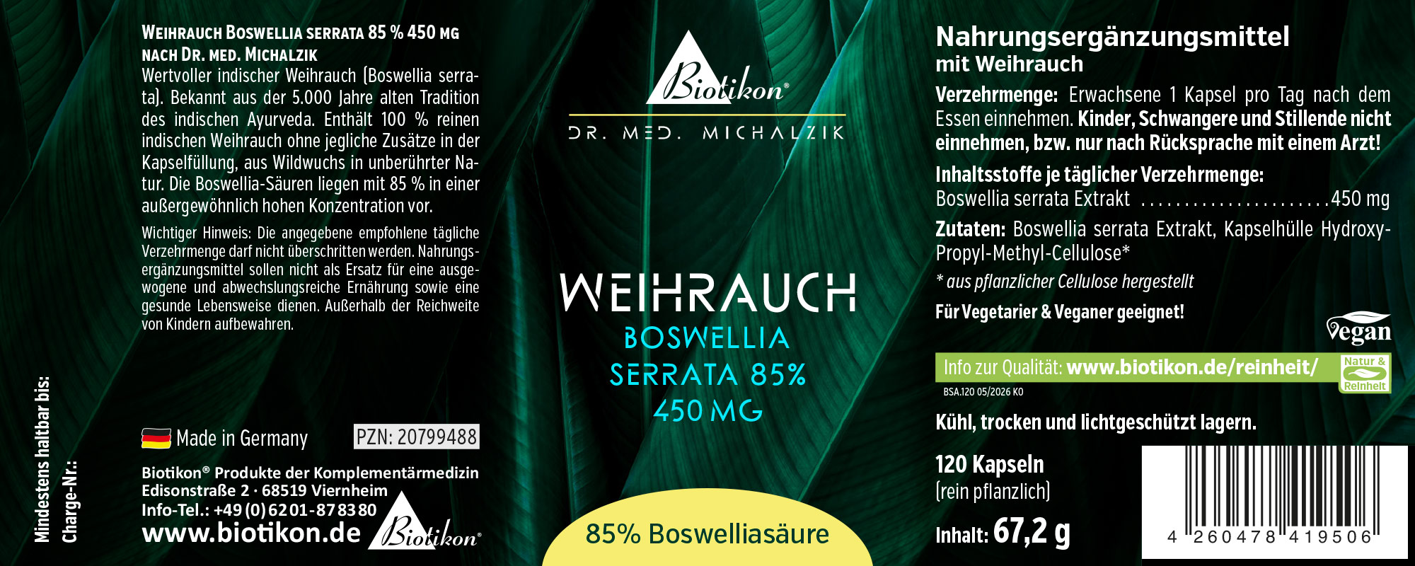 Etikett Weihrauch Boswellia serrata 85% 450 mg Etikett Weihrauch Boswellia serrata 85% 450 mg