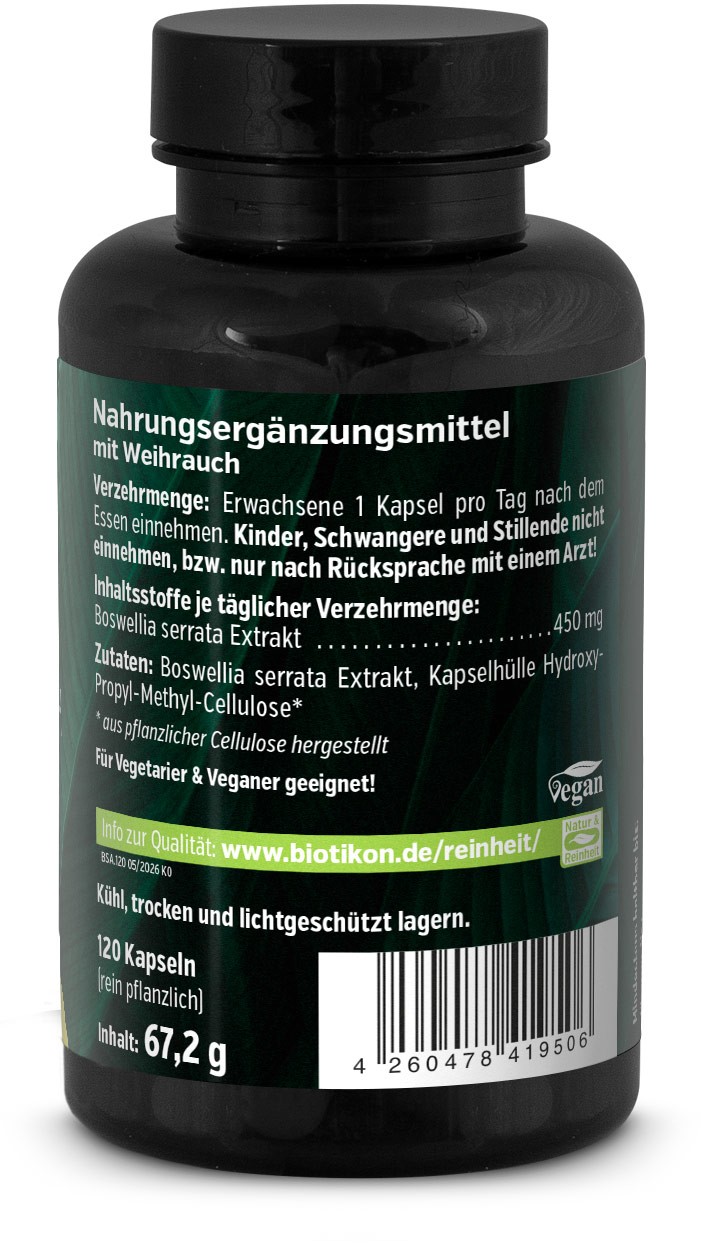 Weihrauch Boswellia serrata 85% 450 mg Dose Rückseite 1 Weihrauch Boswellia serrata 85% 450 mg Dose Rückseite 1
