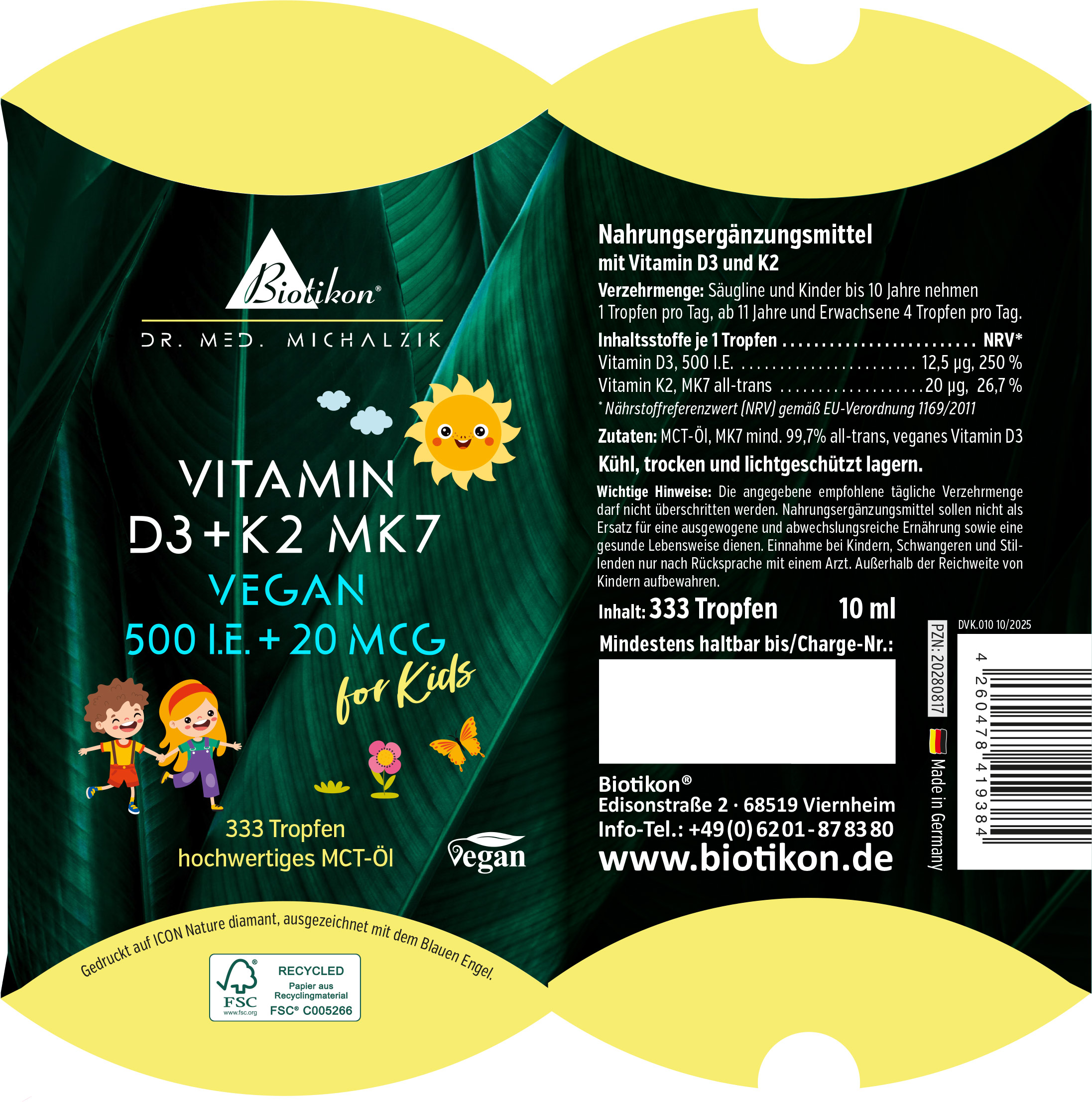 Vitamin D3 + K2 MK7 500 I.E. + 20 MCG Tropfen vegan (10 ml, Kinder)