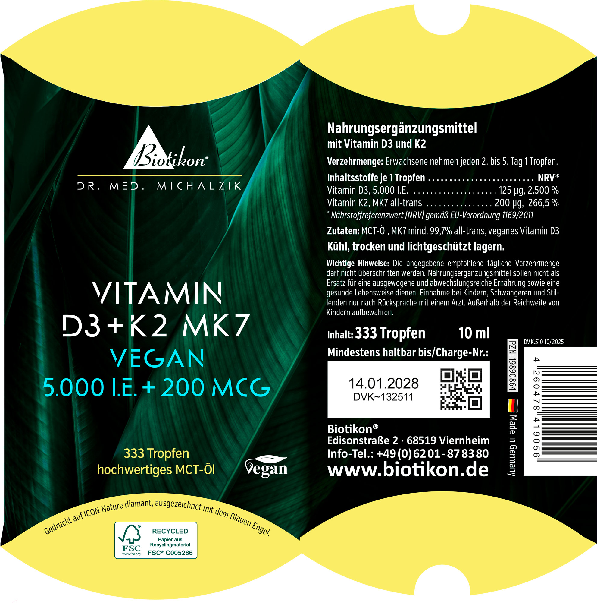 Vitamin D3 + K2 MK7 5.000 I.E. + 200 MCG Tropfen vegan (10 ml)
