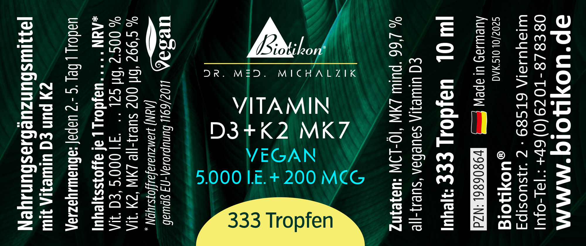 Vitamin D3 + K2 MK7 5.000 I.E. + 200 MCG Tropfen vegan (10 ml)