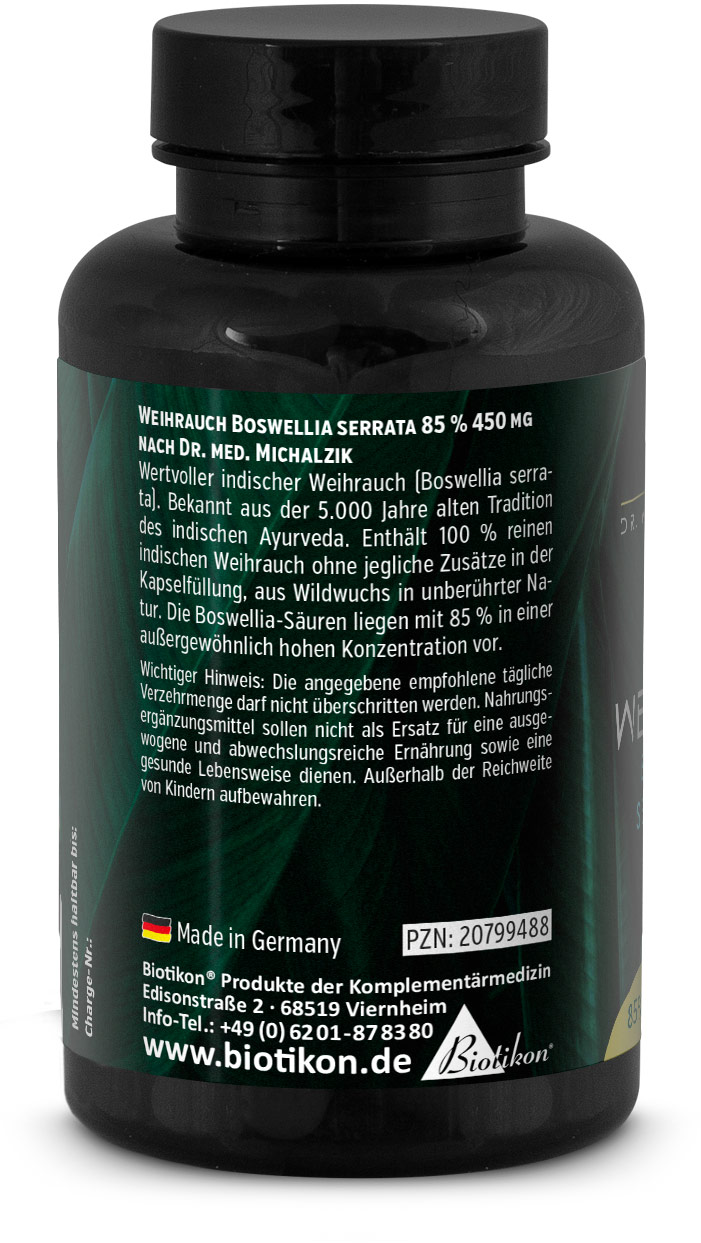 Weihrauch Boswellia serrata 85% 450 mg Dose Rückseite 2