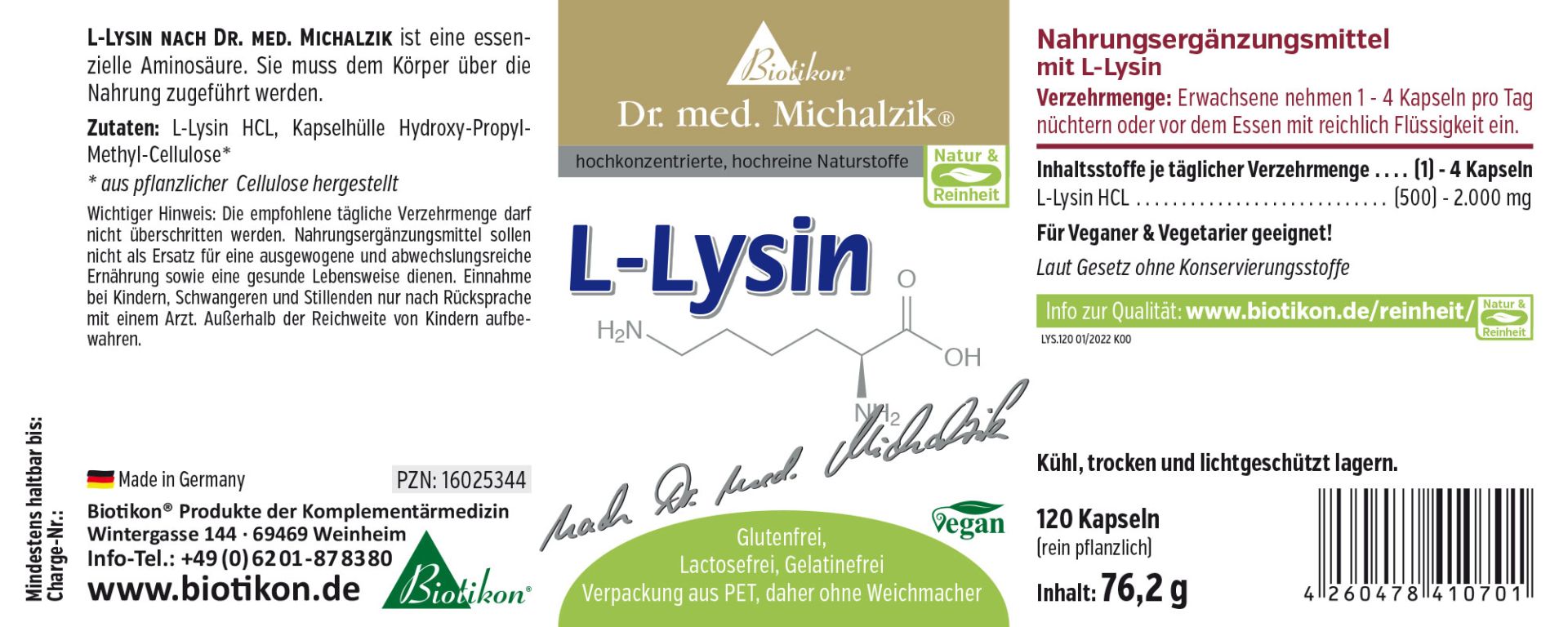 Lysin nach Dr. med. Michalzik, 120 Kapseln, Nahrungsergänzungsmittel ...